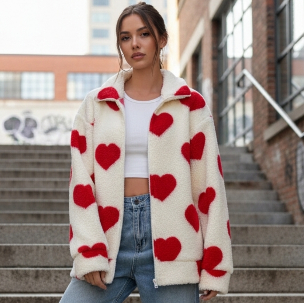 Plush Teddy Heart Print Zip Up Long Sleeve Collared Sweater Jacket Valentines